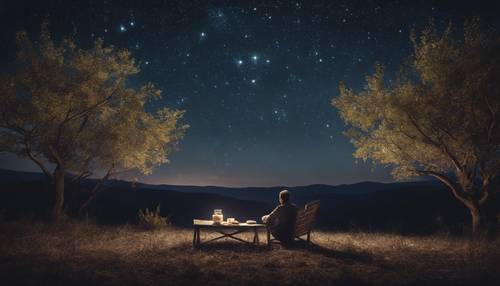 אדם בודד עורך פיקניק תחת שמי לילה זרועי כוכבים.