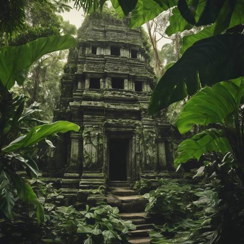 Uma selva impressionantemente densa de filodendros trepadeiras cobrindo as ruínas de um antigo templo.