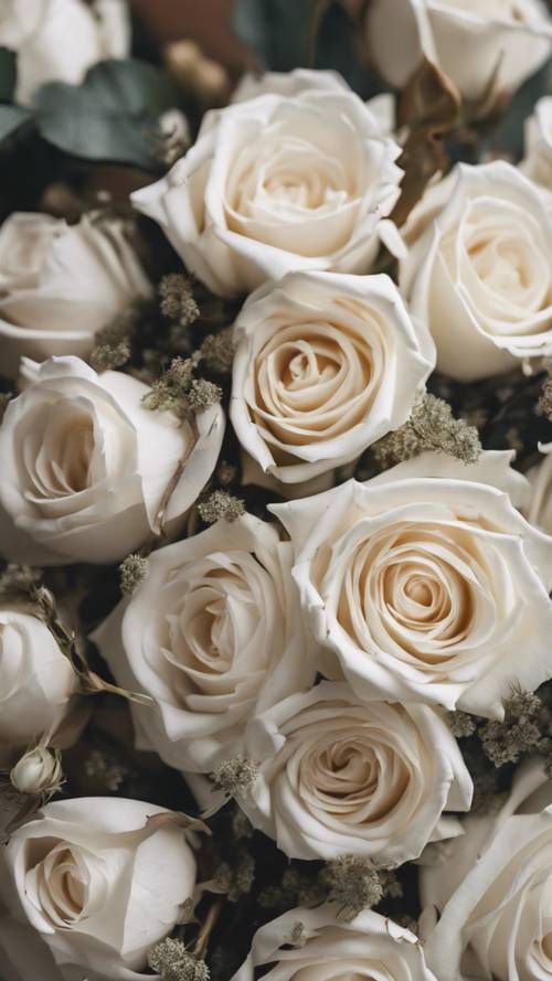 Rosas brancas adornando um buquê rústico de noiva de cabelos castanhos.