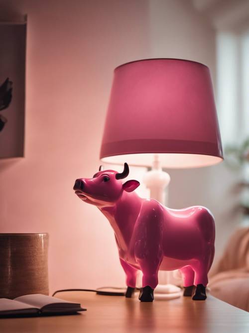 독특한 핑크색 소 모양 램프가 특징인 아늑한 분위기의 조명입니다.
