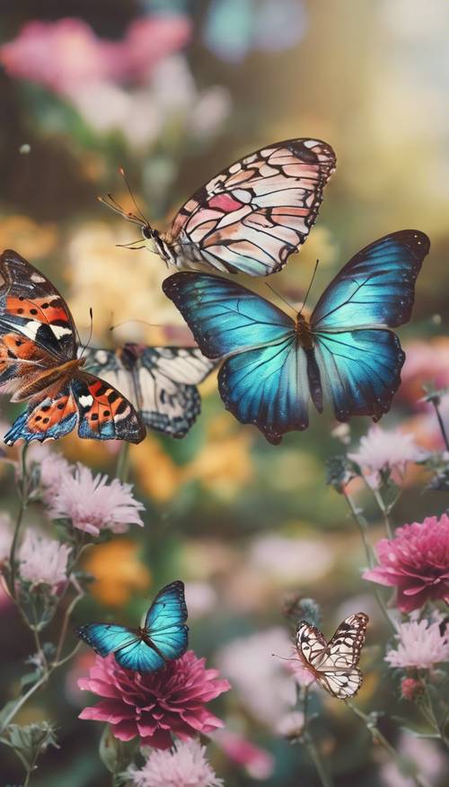 A group of colorful butterflies with pastel plaid wing patterns fluttering over a garden. Wallpaper [a07cafc4a71940b98ef8]