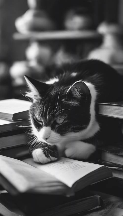 Mum ışığıyla aydınlatılmış rahat bir odada bir yığın kitabın üzerinde uyuklayan siyah beyaz bir kedi.
