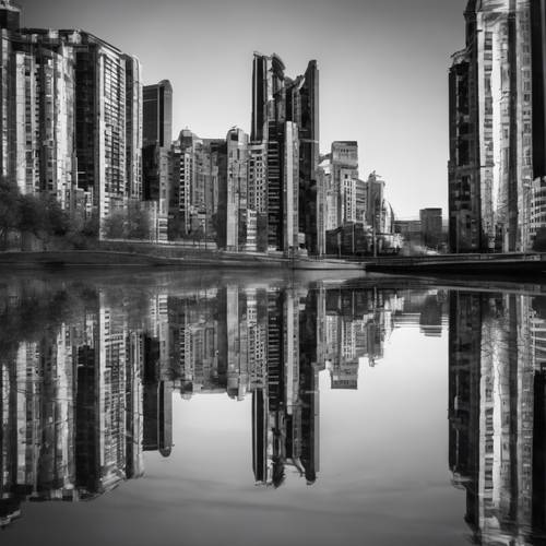 Une représentation abstraite d’un paysage urbain en noir et blanc reflété dans la rivière.