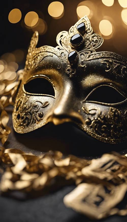 Glitter neri e dorati che ricoprono una maschera veneziana sotto luci soffuse