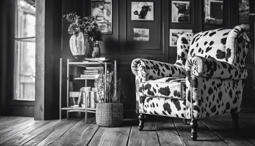 Comfy black and white cow print armchair in a rustic setting.