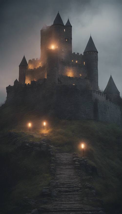 Un ancien château sombre, éclairé uniquement par de petites torches vacillantes et recouvert d&#39;une brume apaisante.