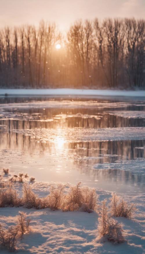 A breathtaking sunrise over a frozen lake in the heart of winter. Тапет [a7f7c38183314043ac1e]