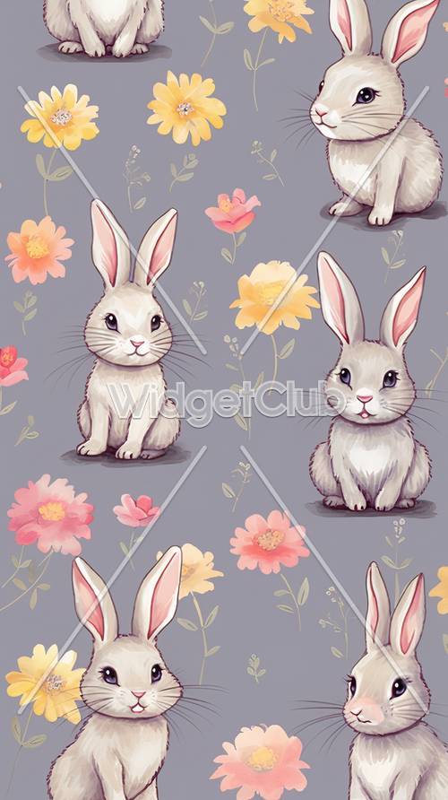 Sevimli Tavşanlar ve Çiçekler Desen Arka Plan