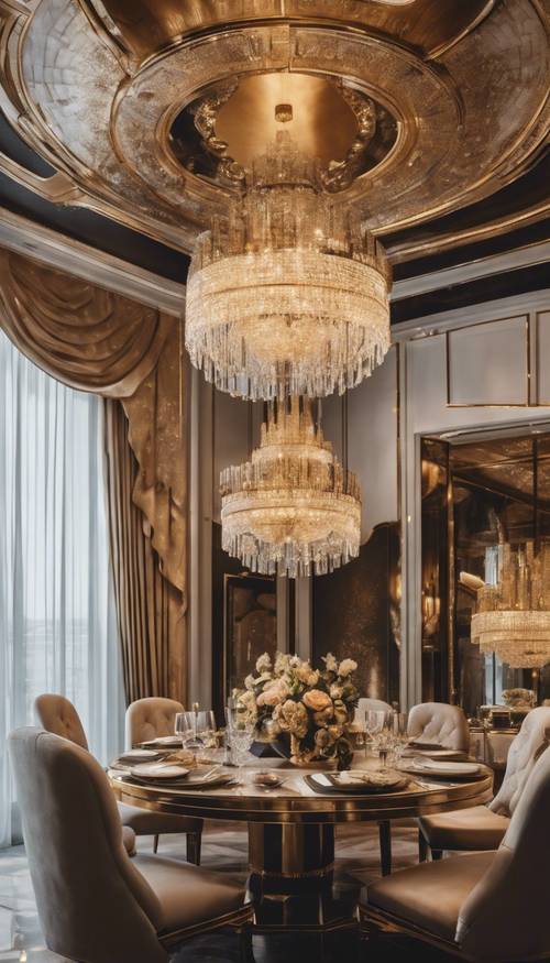 Uma luxuosa sala de jantar com lustres de cristal, detalhes dourados e peças de arte raras.