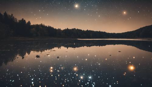 月亮和星星倒映在平靜的湖面上。