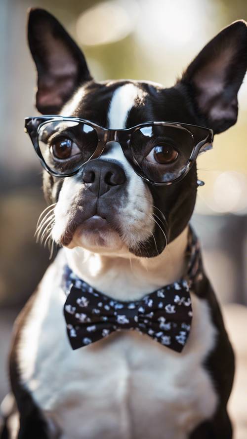A dapper Boston terrier dog wearing preppy cow print bow tie and glasses.
