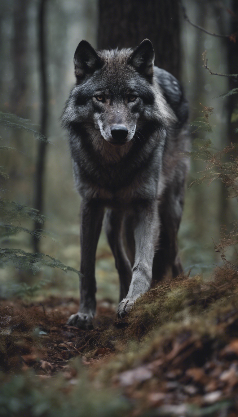 A majestic dark gray wolf prowling through the underbrush in a shadowy forest. Divar kağızı[d8272f69f0c144f3aaa1]