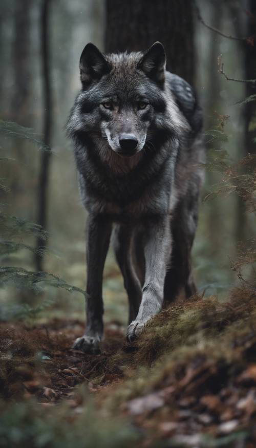 Um majestoso lobo cinza escuro rondando pela vegetação rasteira em uma floresta sombria.