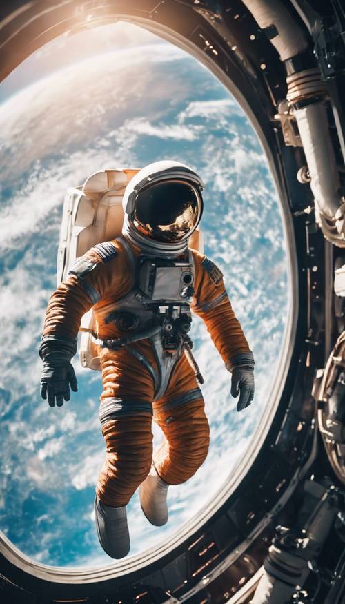 Astronauta unoszący się poza statkiem kosmicznym na tle Ziemi