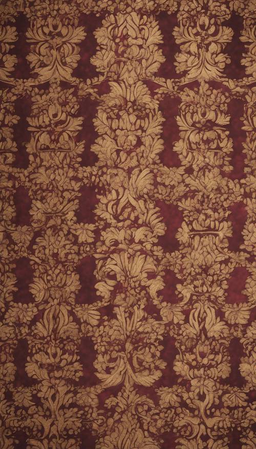 Victorian era damask pattern in antiqued gold and burgundy hues.