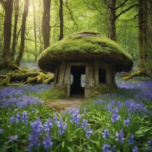 Un antiguo pozo de piedra cubierto de musgo ubicado entre una alfombra de flores de campanillas en un bosque encantado.