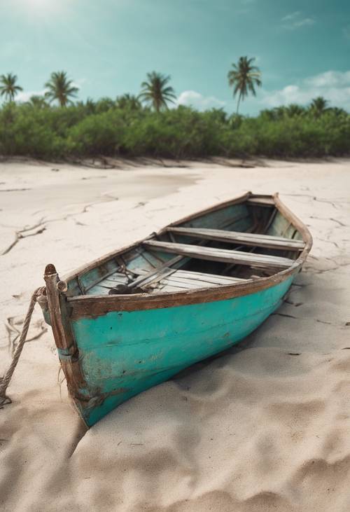Một chiếc thuyền gỗ màu ngọc lam cũ mắc cạn trên một hòn đảo hoang vắng.