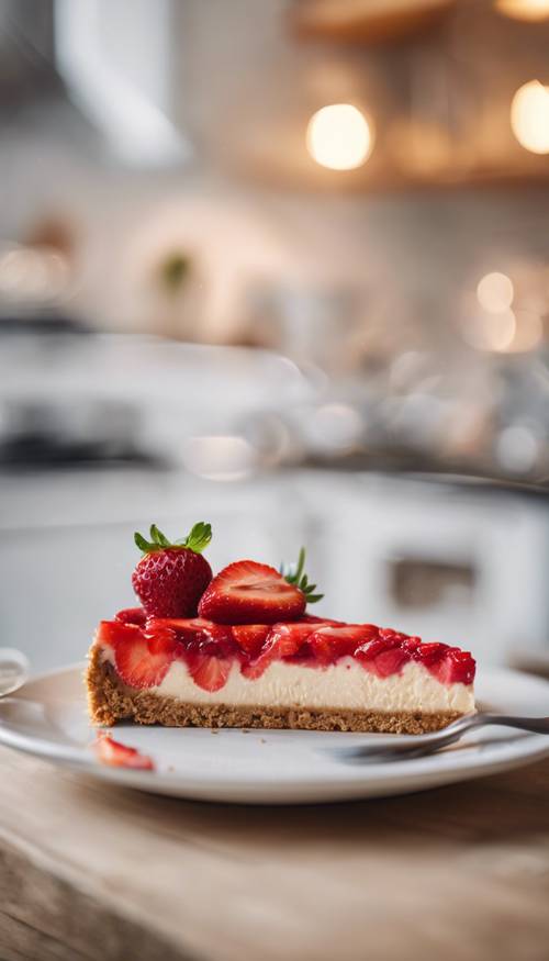 Un cheesecake aux fraises fraîchement sorti du four avec une croûte de biscuits Graham dans une scène de cuisine tranquille.