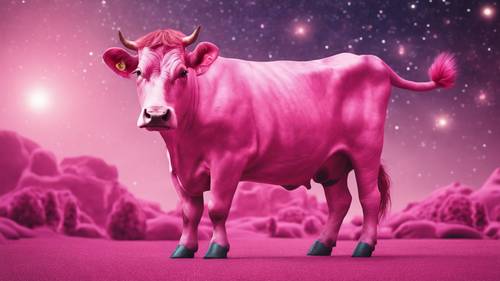 Cadre cosmique surréaliste mettant en vedette une gigantesque vache rose flottant dans l&#39;espace.