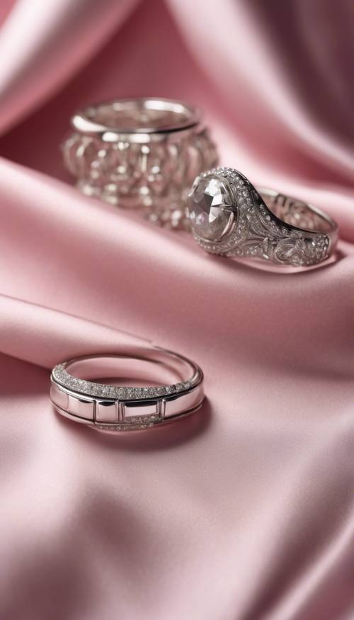 Elegancka srebrna biżuteria wyeksponowana na różowej satynowej tkaninie.