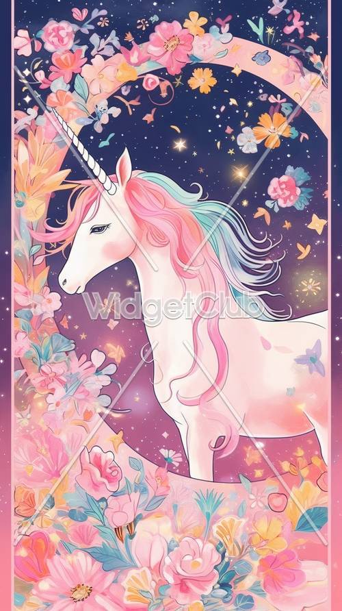 Magical Unicorn Among Stars and Flowers