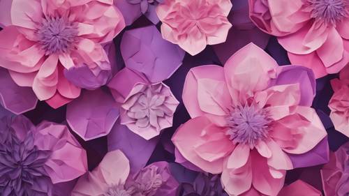 Um padrão floral abstrato com flores geométricas em vários tons de rosa e violeta.