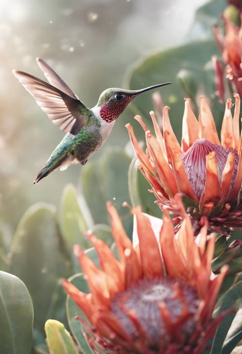A small hummingbird extracting nectar from a protea flower in a serene garden.