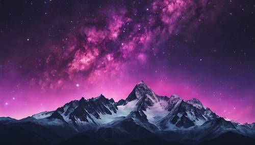 Silhouettes of dark mountain peaks contrasting against a borealis of a pink and purple galaxy.
