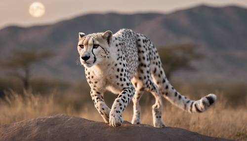 A single, powerful white cheetah, mid-leap, with the full moon in the backdrop Tapeta [d2dfaa83cf3146fb841f]