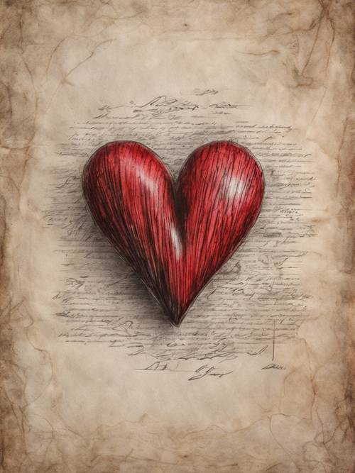Un corazón dibujado con lápices de colores rojos y negros sobre un pergamino viejo.