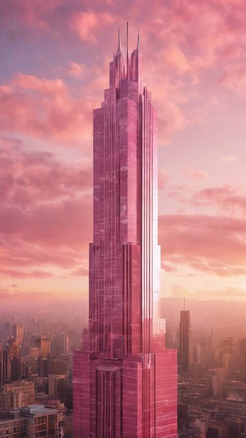 Un rascacielos de mármol rosa que domina el horizonte de la ciudad durante el amanecer.