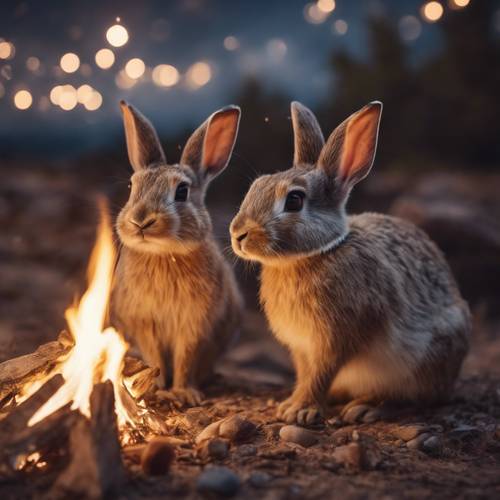 Yıldızlı gökyüzünün altında yanan Batı kamp ateşinin etrafında oynayan sevimli vahşi tavşanlar