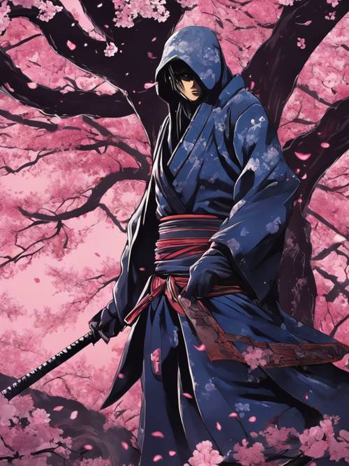 Un misterioso ninja di un anime, che si confonde tra gli alberi carichi di fiori di ciliegio nella notte primaverile.