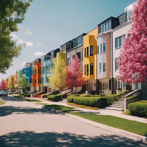 Coloridas casas modernas alineadas en un día soleado, con aceras limpias y árboles en flor.