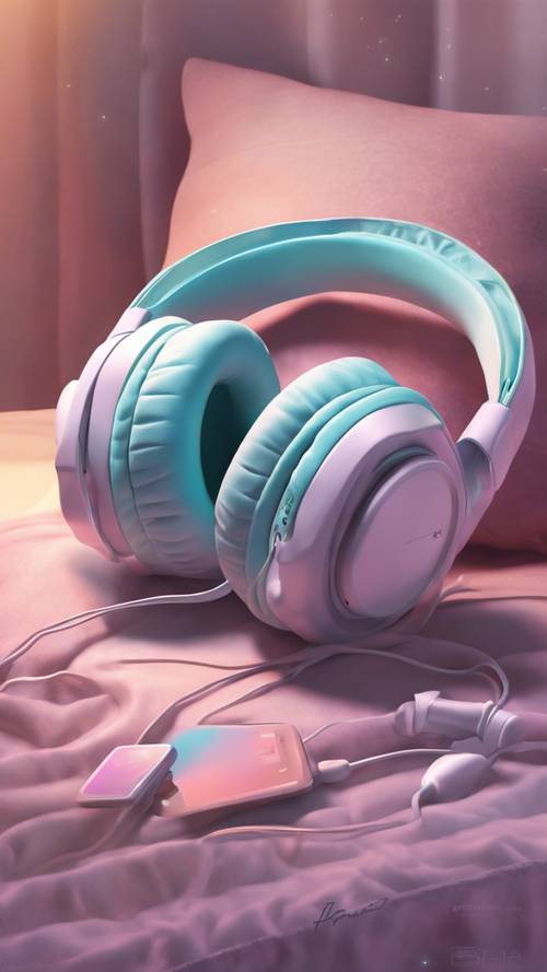 Headphone gaming berwarna pastel diletakkan di atas bantal dengan cahaya lembut dan halus.