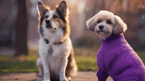 Seekor anjing peliharaan rapi yang mengenakan sweter ungu cerah, duduk dengan patuh menunggu jalan pagi.