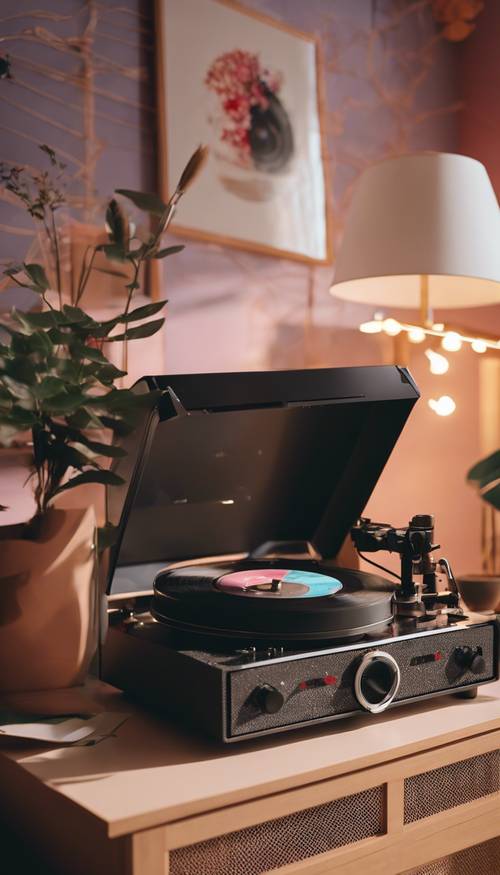 Un tourne-disque vinyle dans une pièce remplie de décorations esthétiques 3D Y2K