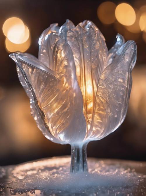 A glowing ice sculpture of a classical tulip.