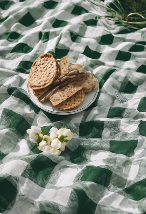 Une nappe à carreaux verts et blancs déployée pour un pique-nique d&#39;été dans un parc verdoyant.