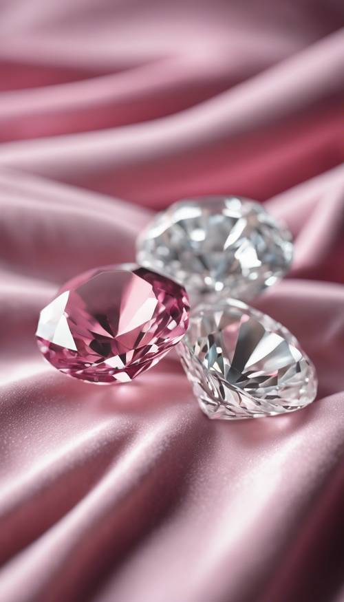 Dois diamantes, um branco e outro rosa, posicionados lado a lado sobre uma almofada de veludo.