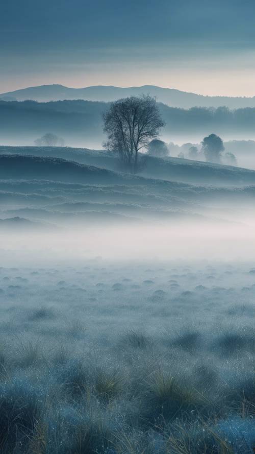 Uma planície azul mística envolta por uma névoa matinal mística.