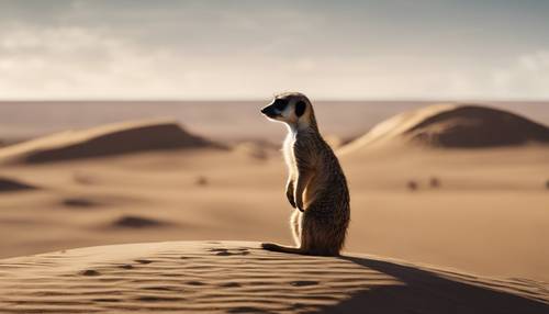 Seekor meerkat menghadap lanskap gurun yang luas, sementara siluet predator tampak di kejauhan.