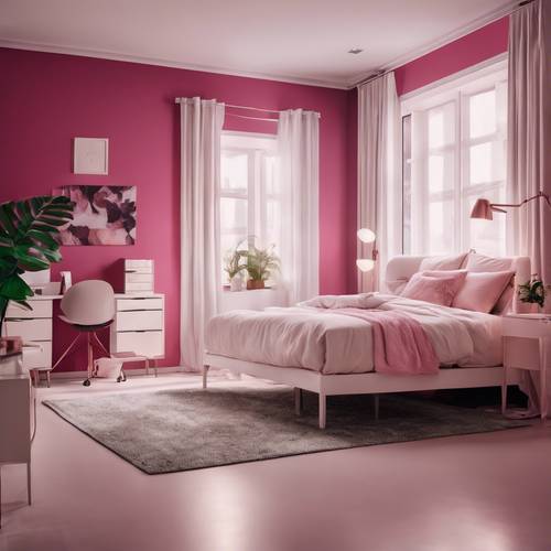 Kamar tidur dengan dinding merah muda gelap, pencahayaan lembut, dan perabotan putih modern yang bergaya.