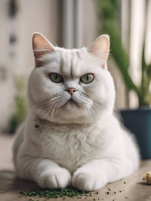Seekor kucing British Shorthair putih pemarah dengan ekspresi cemberut, sedang mengunyah catnip