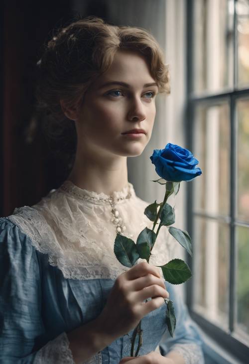 Viktorya döneminden kalma genç bir kadın, pencerenin önünde dururken elinde mavi bir gül tutuyor.