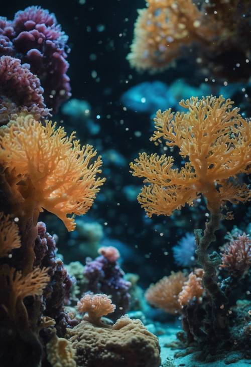 Corals on a dark sea bed, bathed in the mysterious light of the bioluminescent creatures around it.