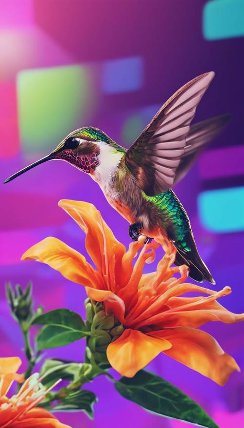 Uma arte digital estilizada de um beija-flor bebendo néctar de uma flor geométrica de cor neon.