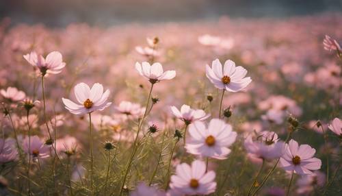 Un champ de fleurs cosmos subtilement touché par les douces teintes roses de l’aube.
