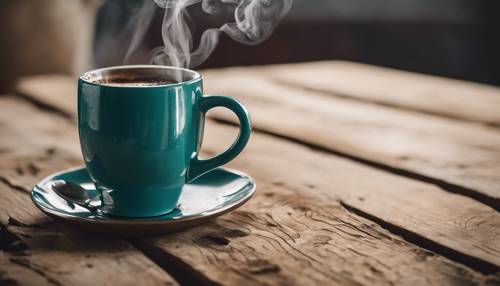 粗糙的木桌上放着一个金属蓝绿色咖啡杯，杯中充满着刚煮好的咖啡的热气。