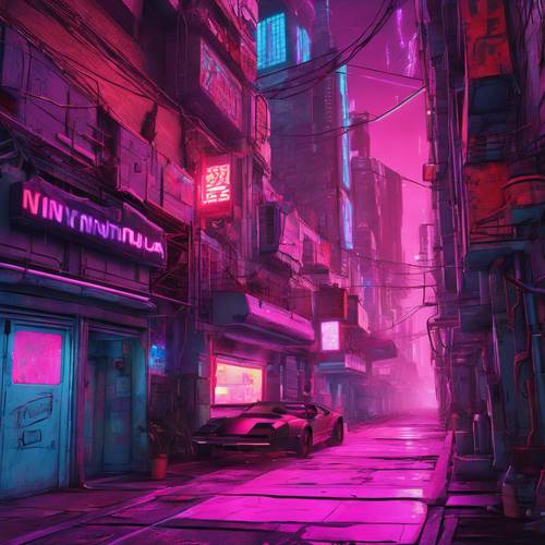 Um beco iluminado por neon em uma cidade cyberpunk, ladeado por prédios altos e sujos.